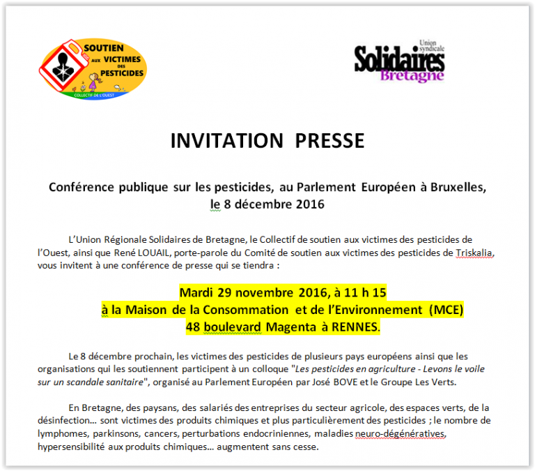 Invitation à une conférence de presse sur les pesticides, le 29